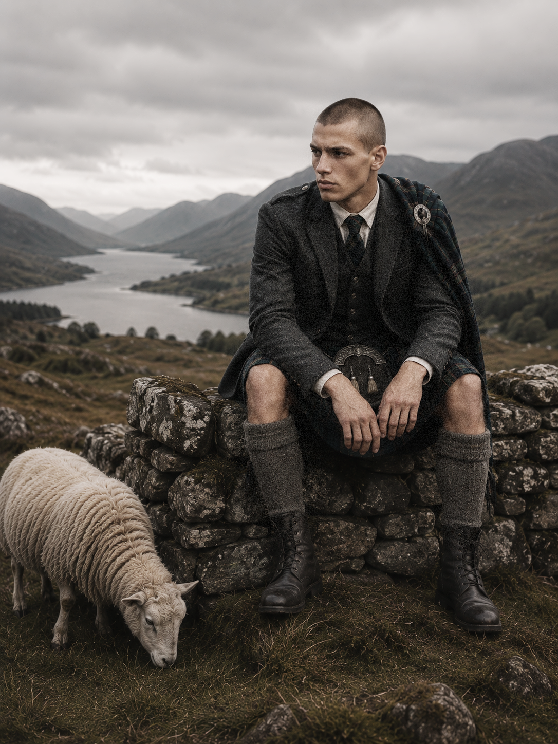 Damien, male AI fashion model wearing a tartan kilt, tweed jacket and Highland boots, seated in a mountainous Scottish-inspired landscape, VIDA AI