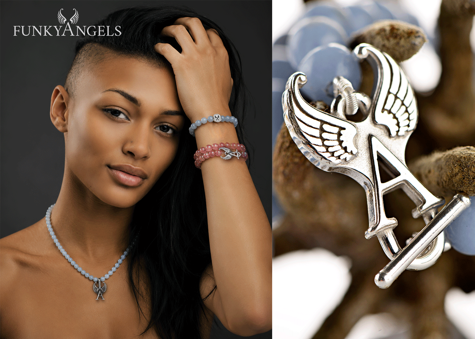 Dshana, female AI fashion model wearing rose quartz and aquamarine jewellery with silver angel-wing charms, Funky Angels campaign by VIDA AI