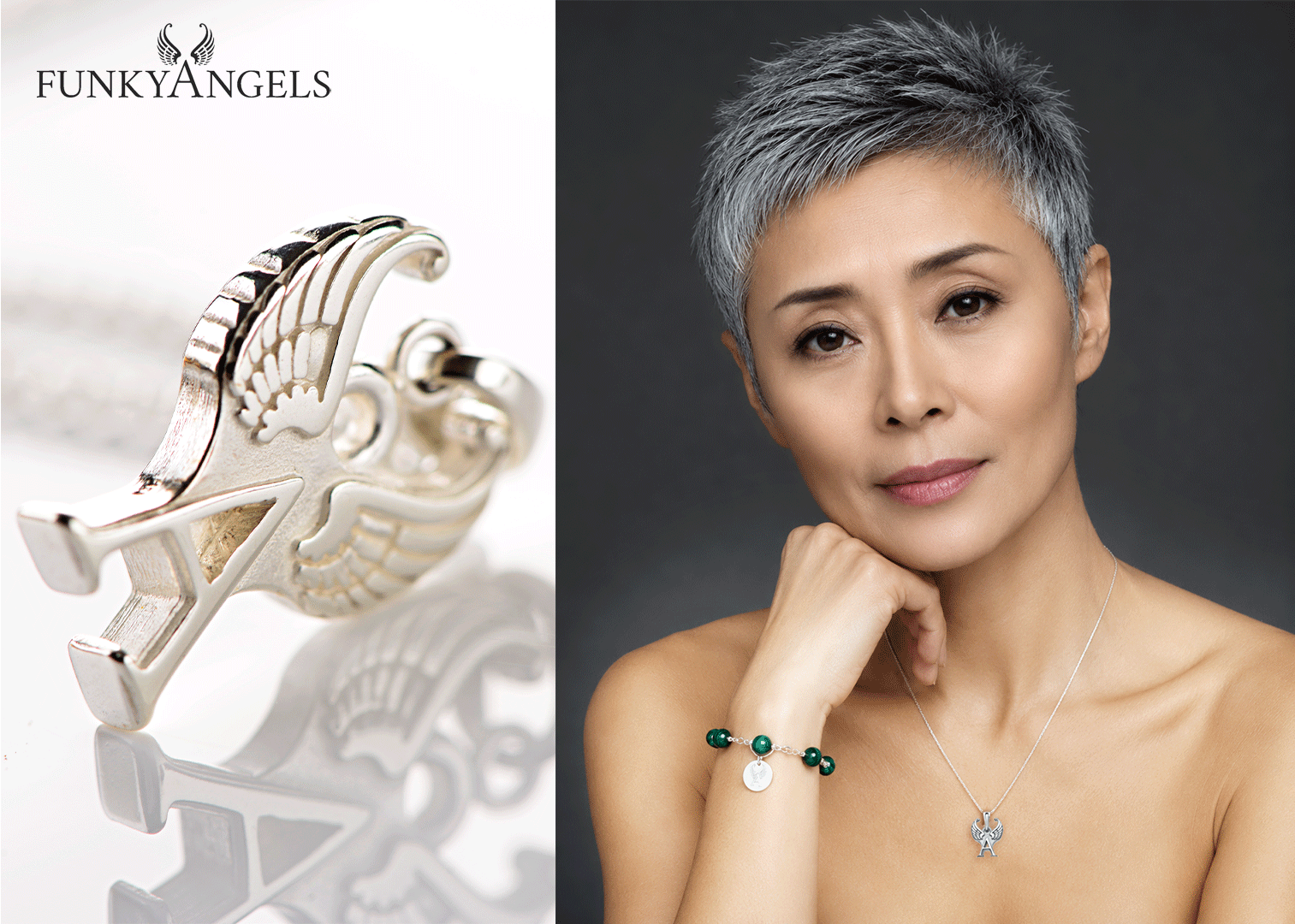 Noriko, mature female AI jewellery model wearing a malachite gemstone bracelet and silver angel-wing necklace, Funky Angels campaign by VIDA AI