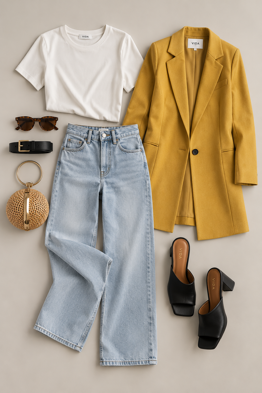 Women's fashion flat lay featuring a mustard-yellow blazer, white T-shirt, wide-leg jeans and black heels, styled by VIDA AI