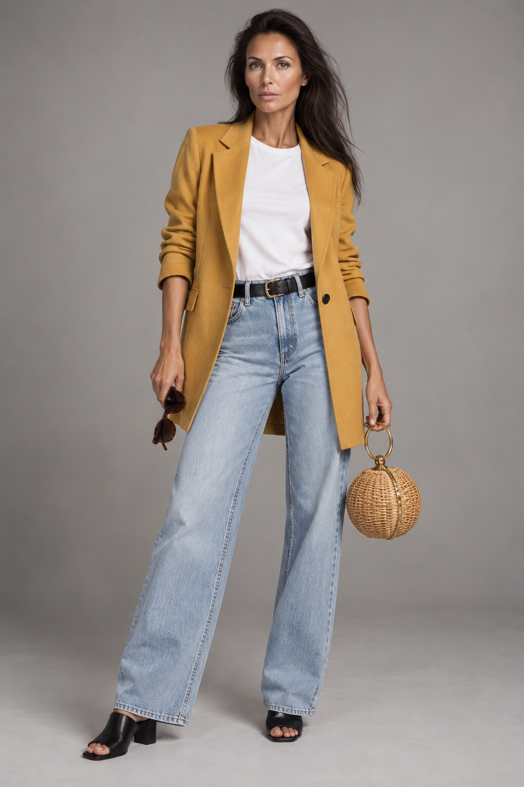 Lauren, female AI fashion model in a mustard-yellow blazer and wide-leg jeans, holding a woven handbag, full-body fashion editorial by VIDA AI