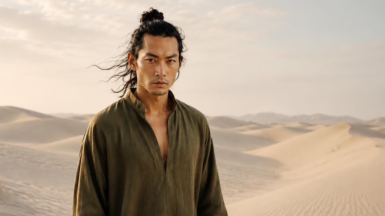 Hiro, male AI fashion model in a wind-swept olive-green tunic, desert fashion editorial by VIDA AI