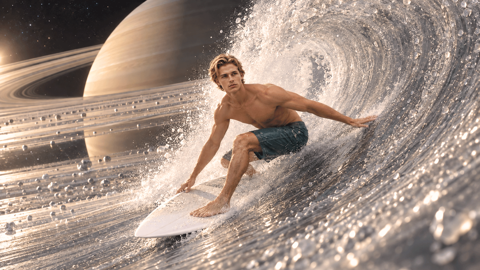 Josh, a VIDA AI virtual model, surfing in a surreal outer-space setting