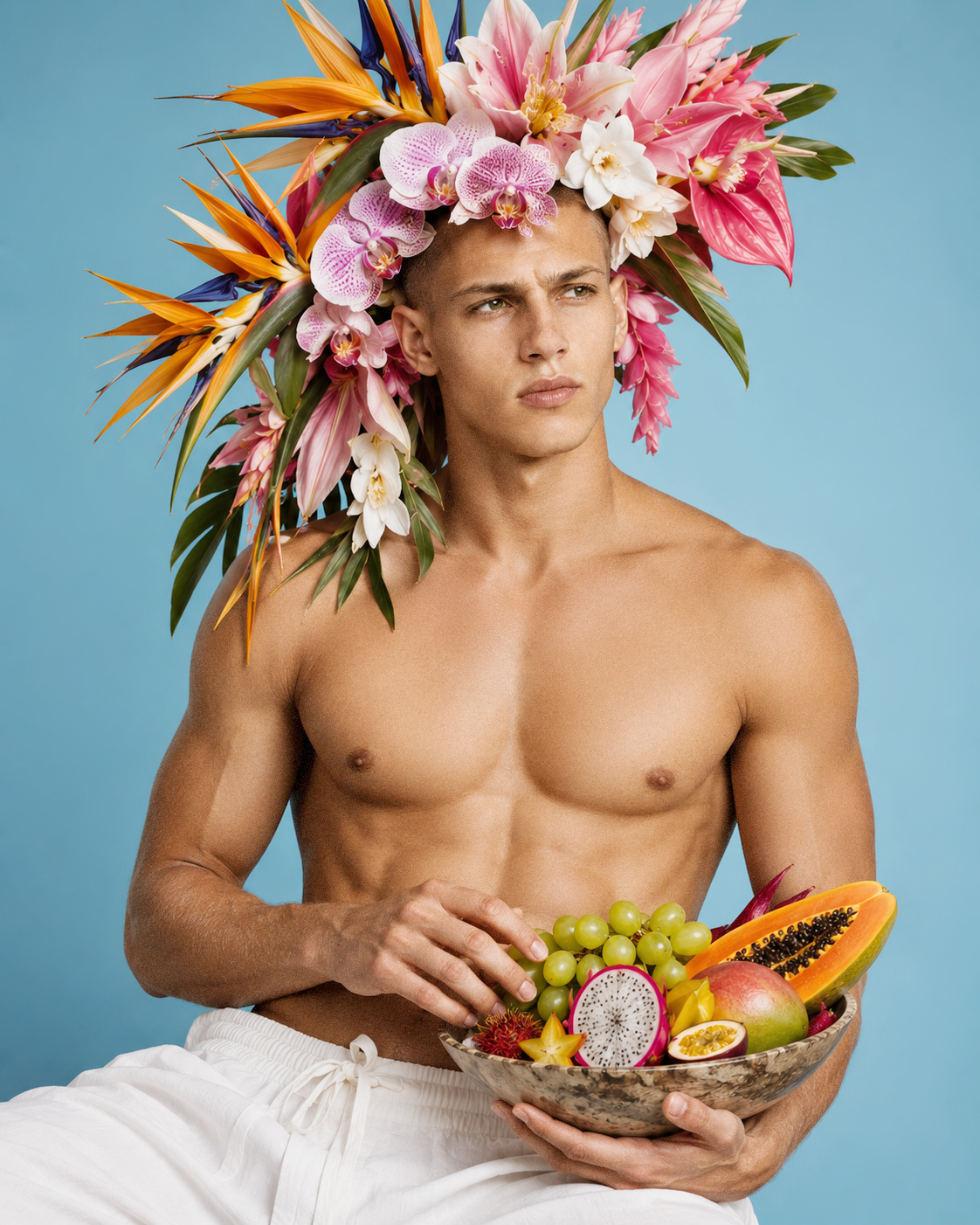 Damien, male virtual AI fashion model wearing a tropical flower crown and holding exotic fruit against a blue studio background, VIDA AI