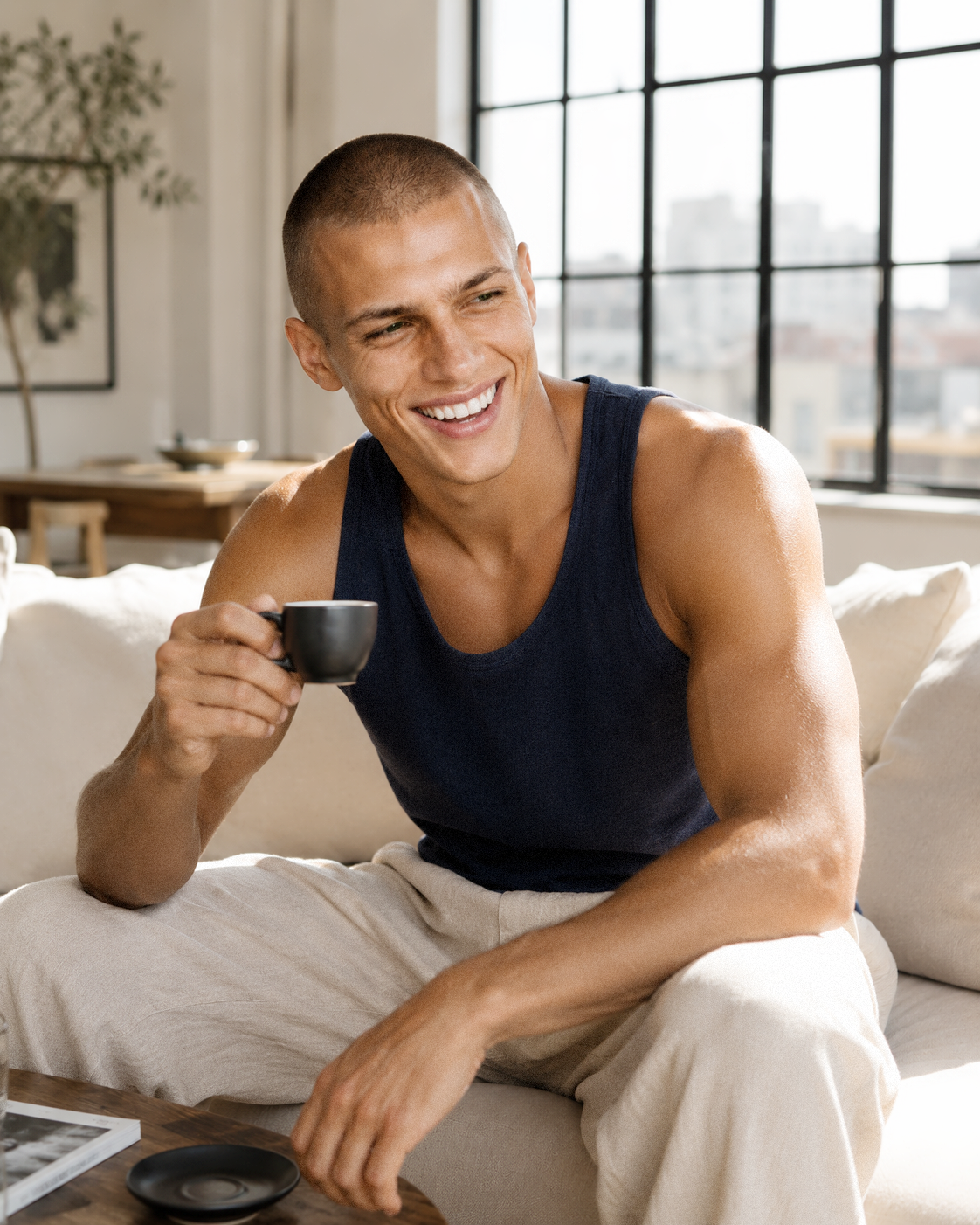 Damien, male AI lifestyle model smiling in a navy tank top while holding a coffee cup, VIDA AI