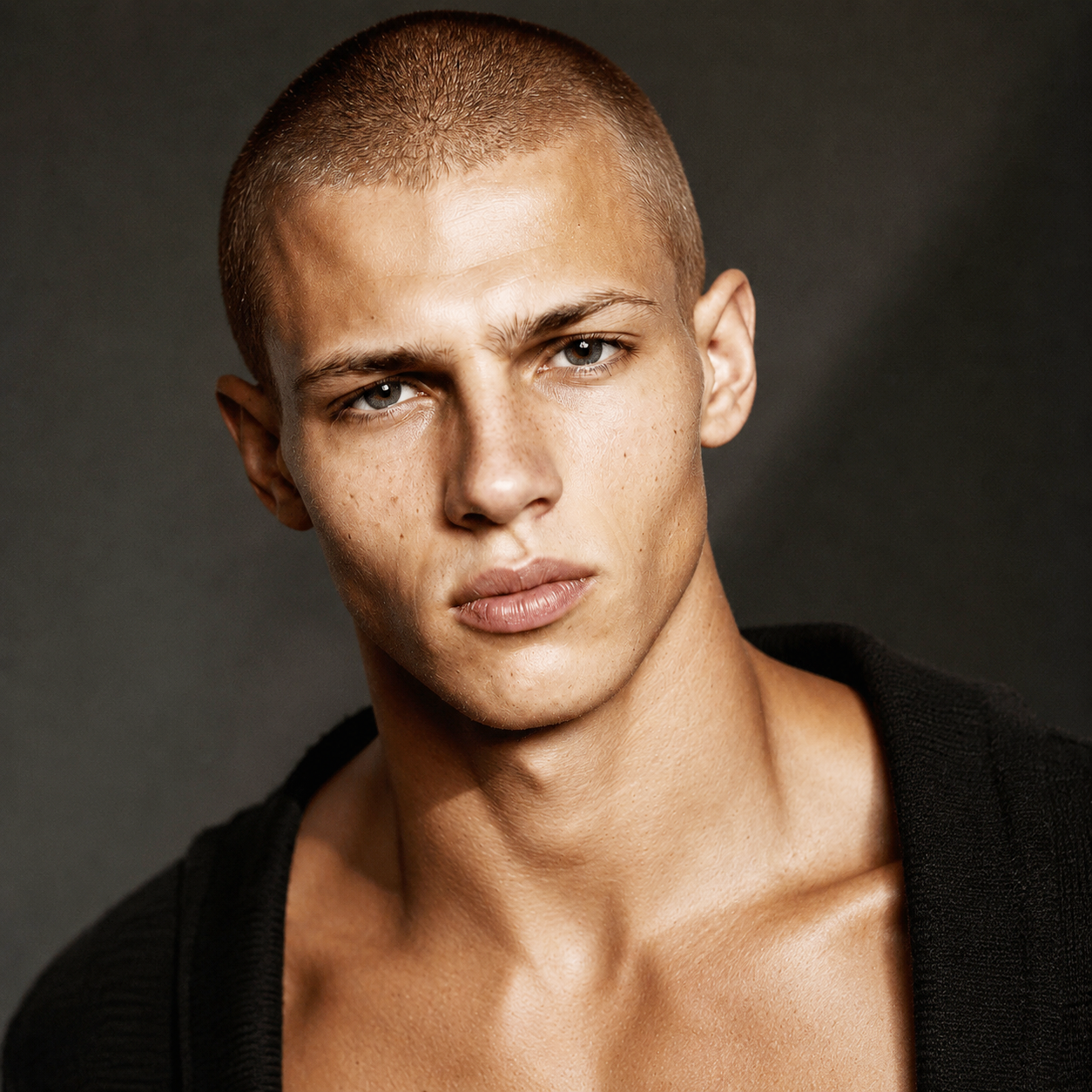 Damien, male virtual AI model with close-cropped hair wearing an open black knit cardigan, studio portrait by VIDA AI