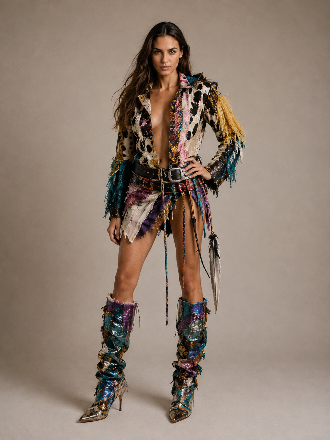 Helen, female AI fashion model wearing a colourful avant-garde outfit with statement boots, full-body studio editorial by VIDA AI