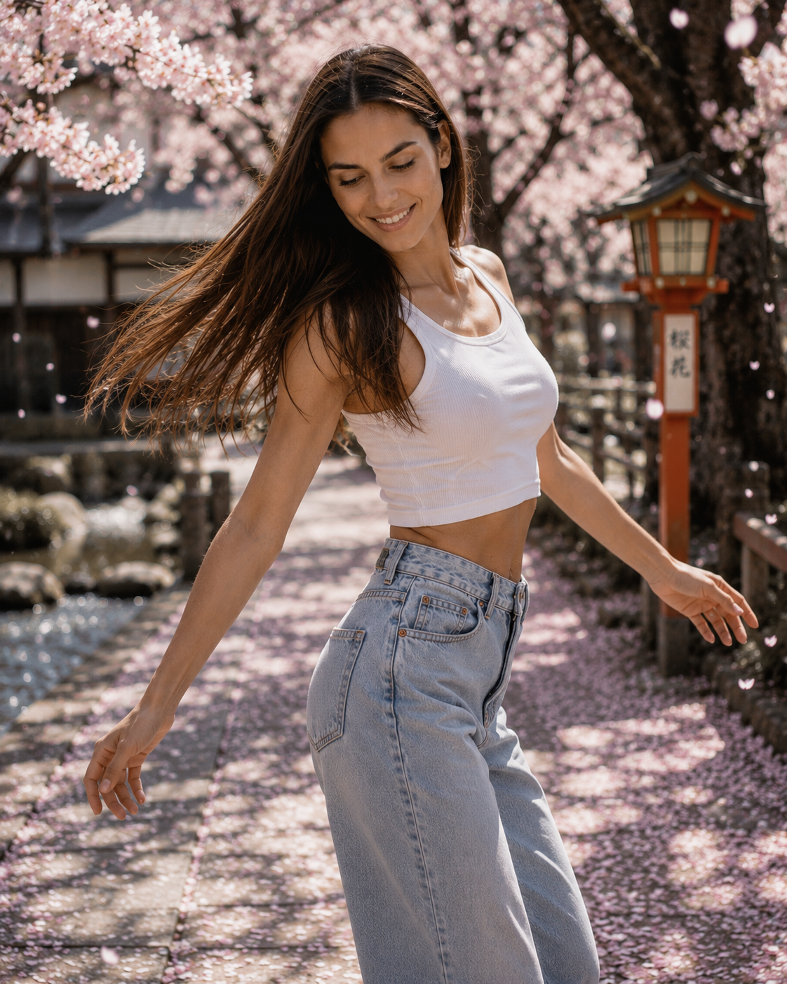 Helen, female AI fashion model wearing a white cropped top and light-blue jeans beneath cherry blossoms, lifestyle editorial by VIDA AI