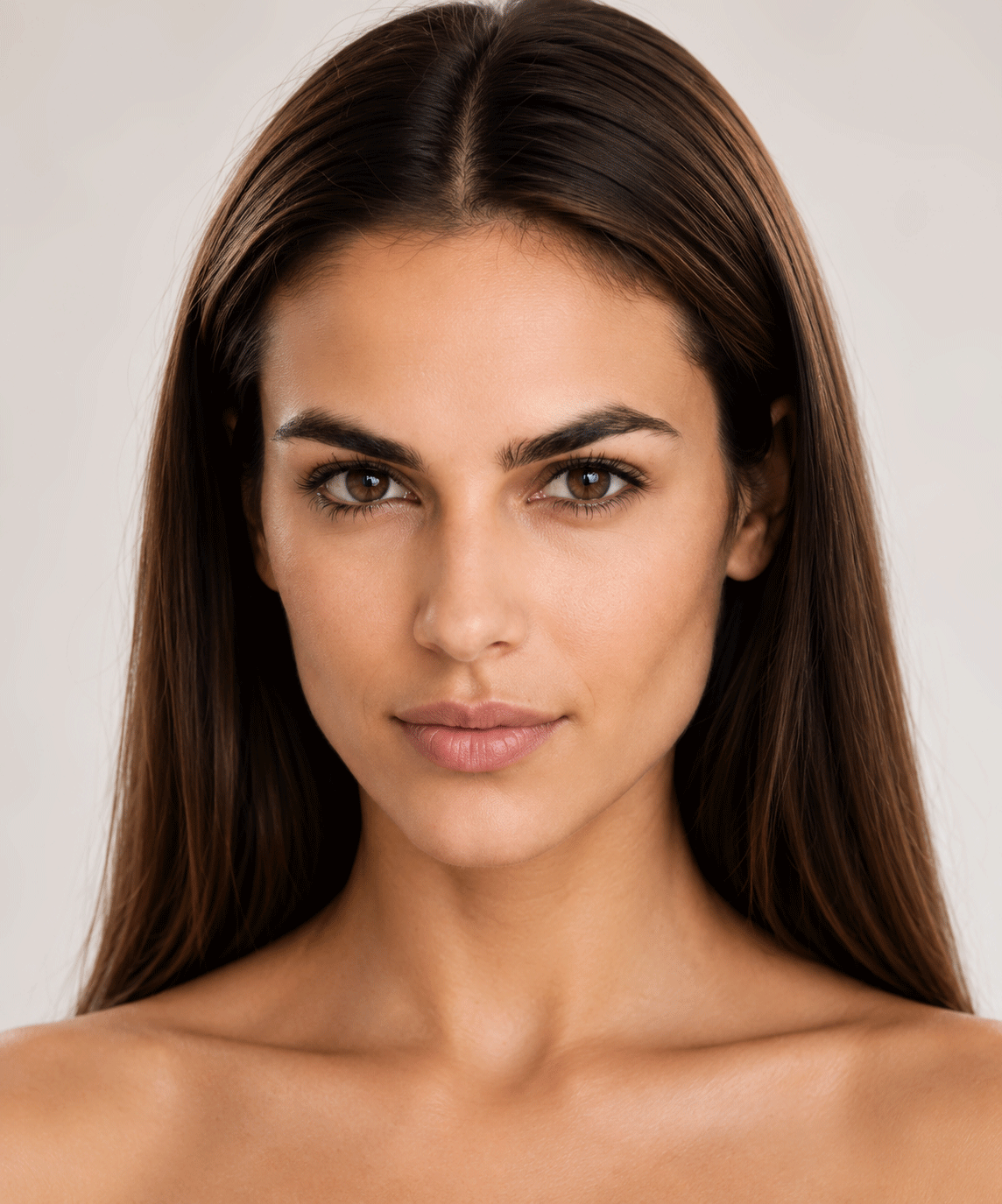 Helen, female virtual AI model with long brown hair and natural makeup, close-up beauty portrait by VIDA AI