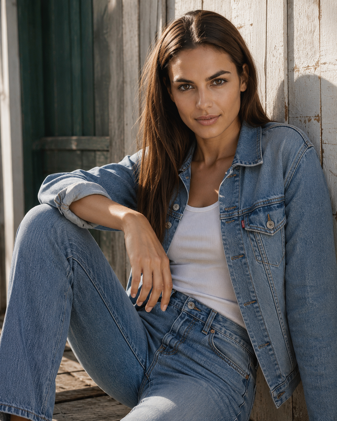 Helen, female virtual AI fashion model wearing a denim jacket, blue jeans and white top, seated in a sunlit lifestyle editorial by VIDA AI