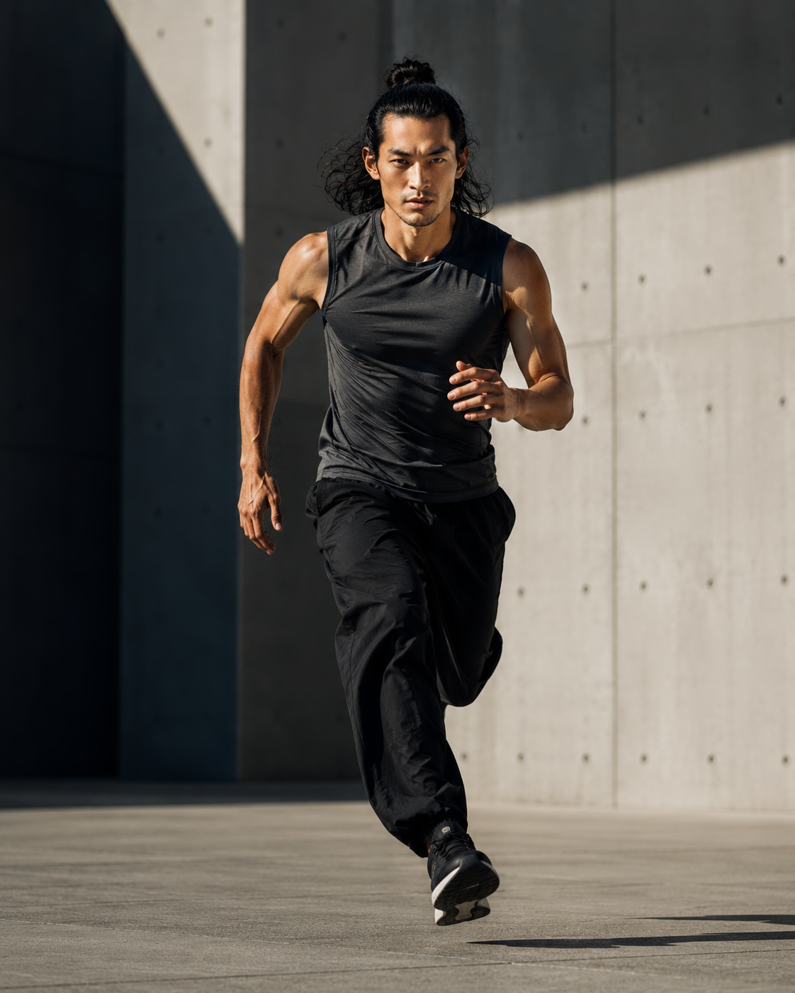 Hiro, male virtual AI model running in black athletic clothing against a concrete architectural backdrop, sportswear campaign by VIDA AI