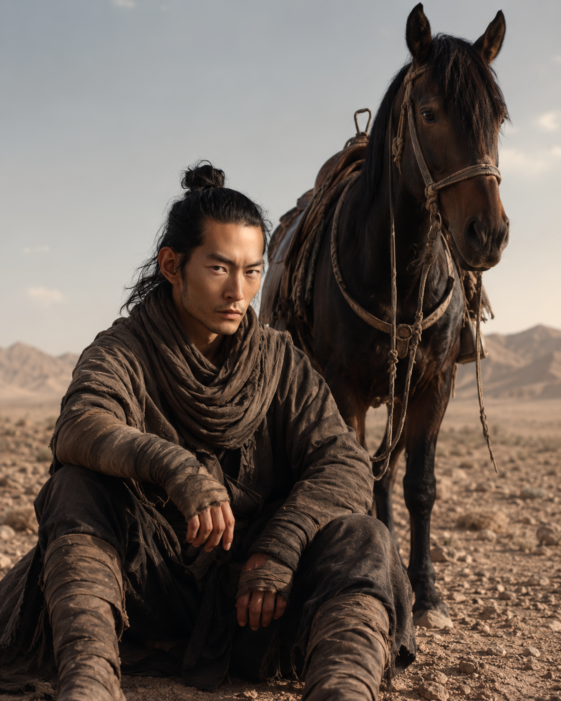 Hiro, male AI fashion model seated beside a dark horse in a rugged desert landscape, outdoor fashion editorial by VIDA AI