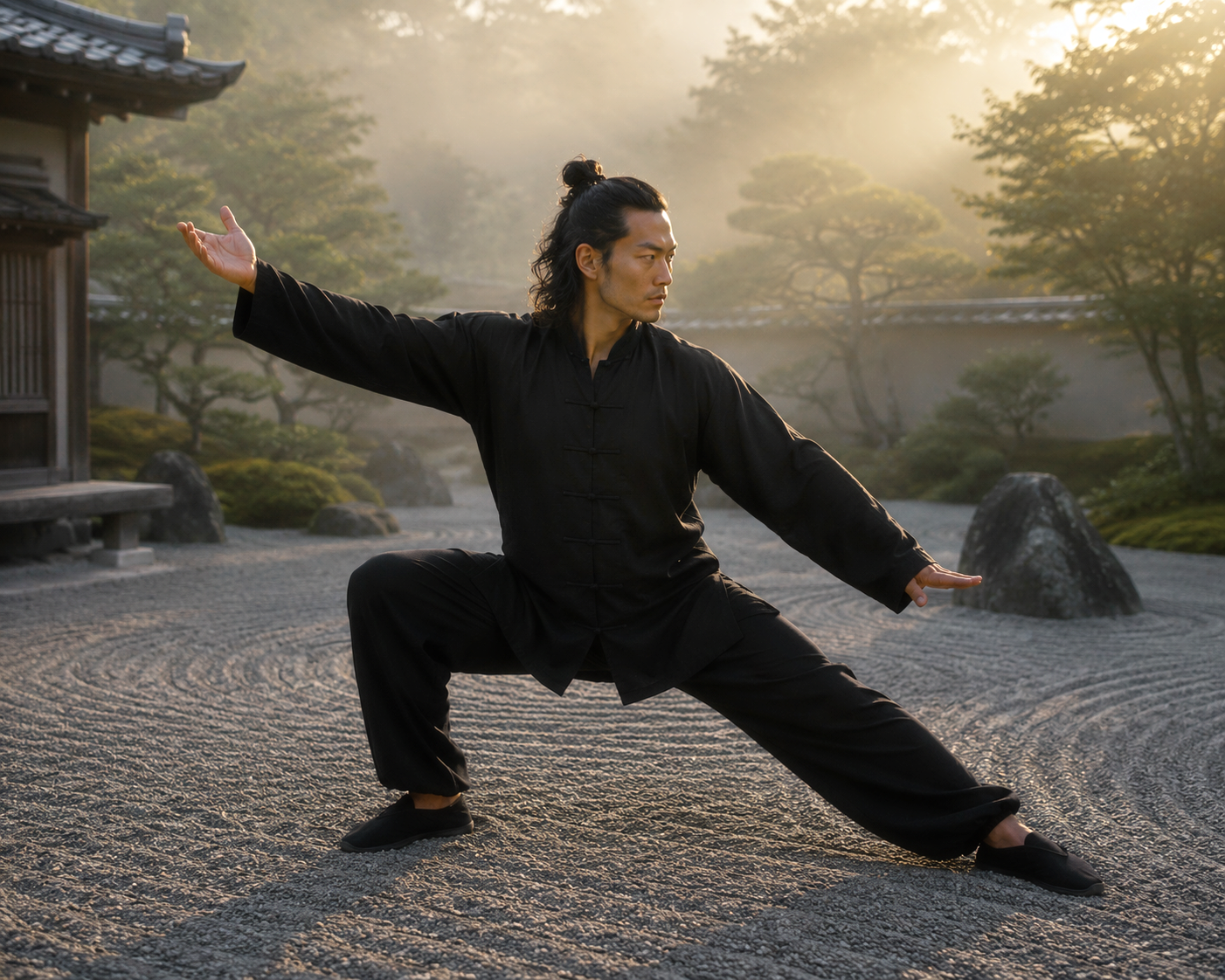 Hiro, male virtual AI model practising a martial arts-inspired pose in black clothing in a traditional Japanese-style garden, editorial by VIDA AI