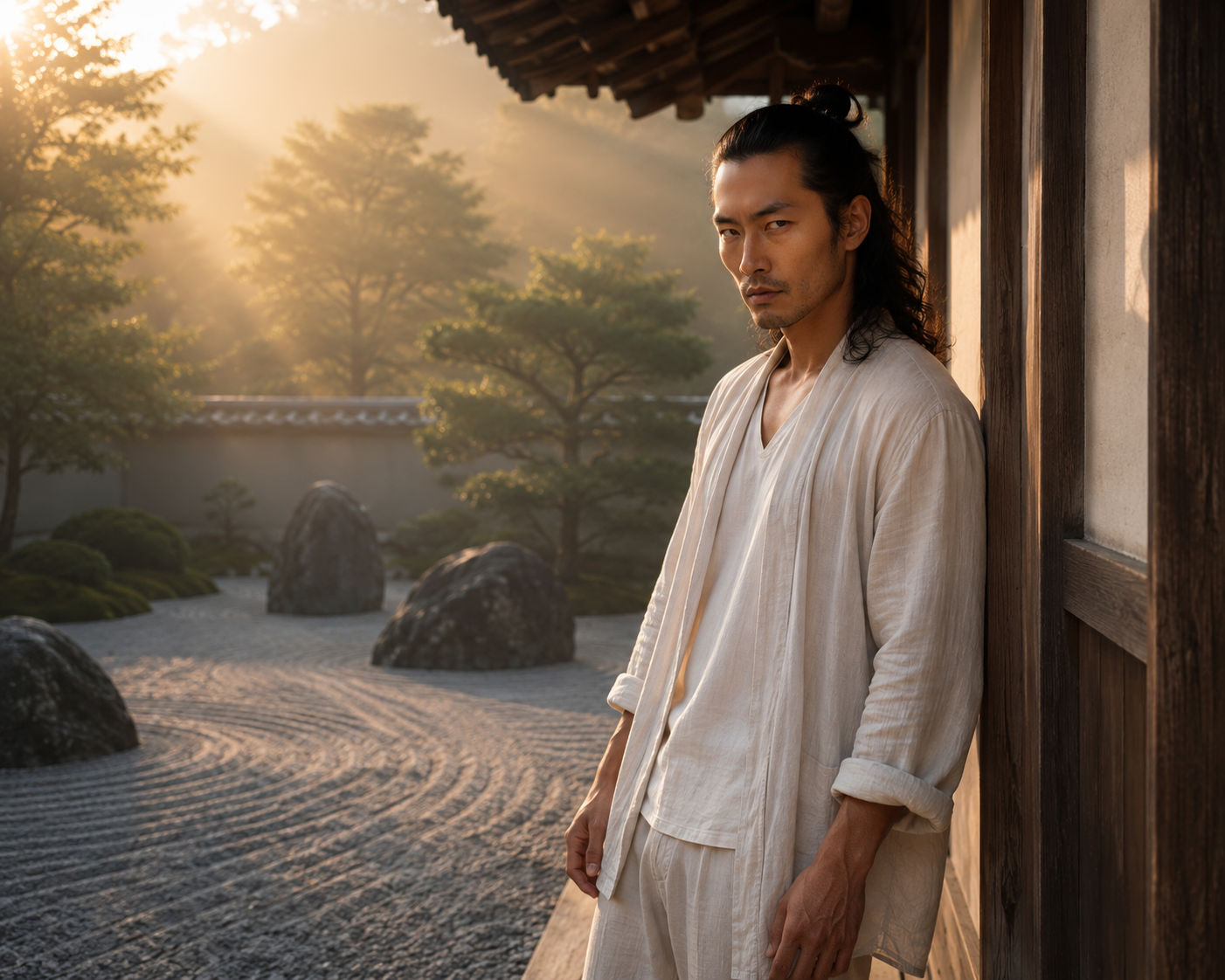 Hiro, male AI fashion model wearing a loose white outfit beside traditional Japanese-style architecture, lifestyle editorial by VIDA AI