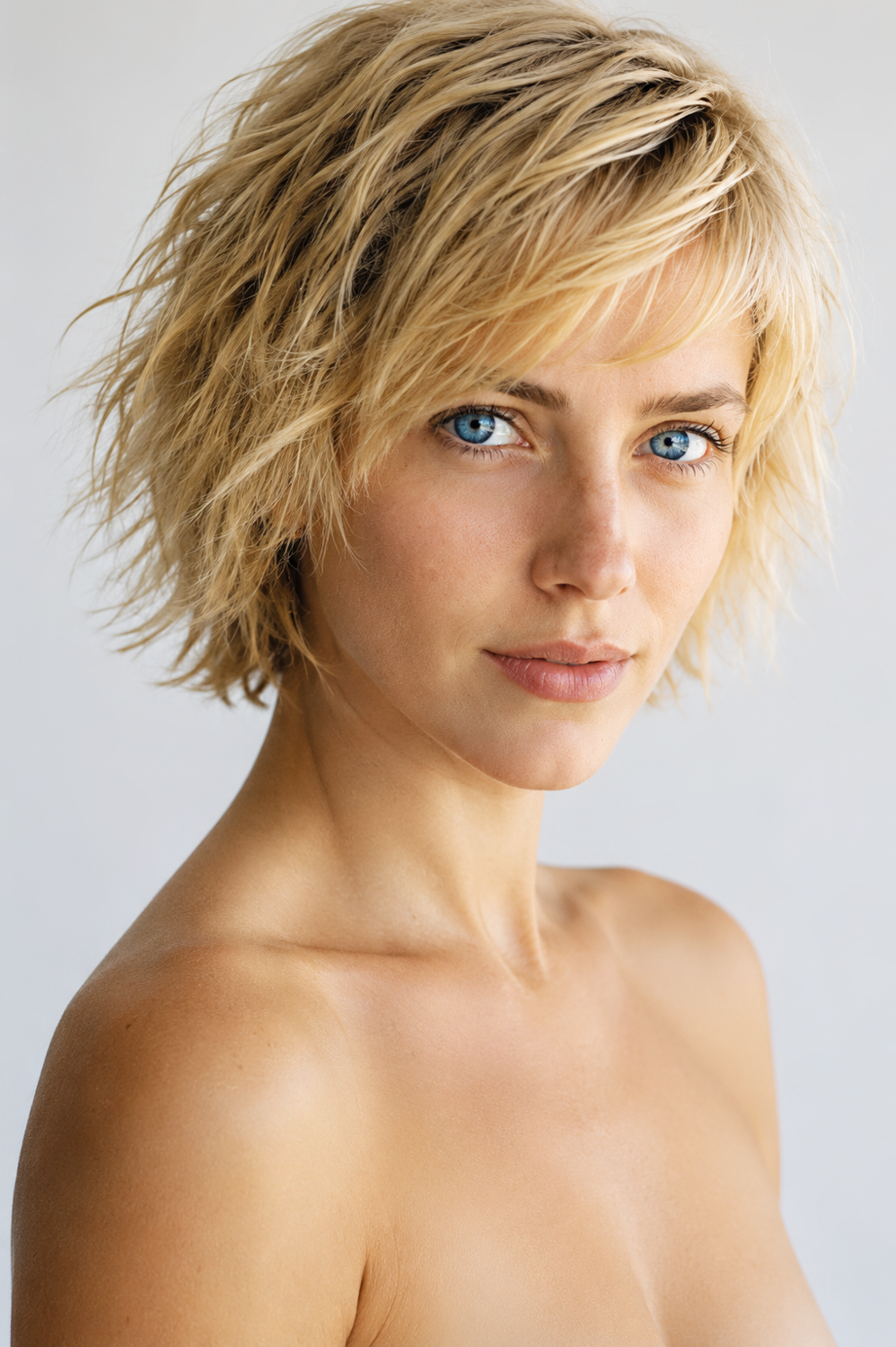 Juli, female virtual AI beauty and fashion model with short tousled blonde hair, blue eyes and natural skin texture, close-up portrait by VIDA AI